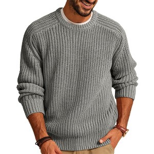 Men's Solid Color Long Sleeve Crew Neck Sweater, Loose Fit American Retro Knitted Pullover for Casual Wear - 1 of 3