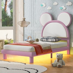 NicBex Twin Size Upholstered Bed Frame with Cartoon Ears Shaped Headboard,Platform Bed Frame with LED,No Box Spring Needed,Easy Assembly,White+Pink - 1 of 4