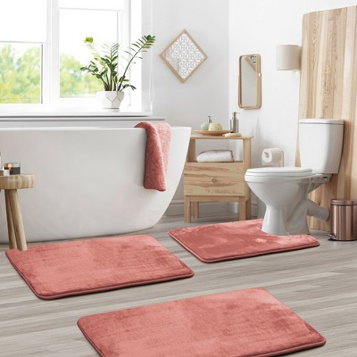 Misty Rose Velvet Memory Foam 3-Piece Bath Rug Set