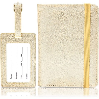 Juvale Passport Holder RFID Blocking Travel Wallet Case and Luggage Tag, PU Leather, Glitter Gold