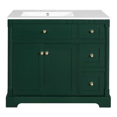 Vynxaria 36 inch Rich Green Modern Freestanding Single Sink Bath Vanity with White Ceramic Top Four Drawers One Tip Out Drawer Two Soft Close Doors