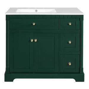 Vynxaria 36 inch Rich Green Modern Freestanding Single Sink Bath Vanity with White Ceramic Top Four Drawers One Tip Out Drawer Two Soft Close Doors - 1 of 4