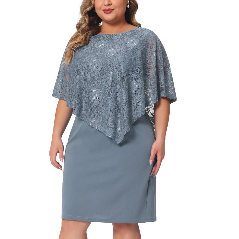 Agnes Orinda Women's Plus Size Lace Overlay Cape with Sleeveless Party Pencil Bodycon Dress, 2 of 6