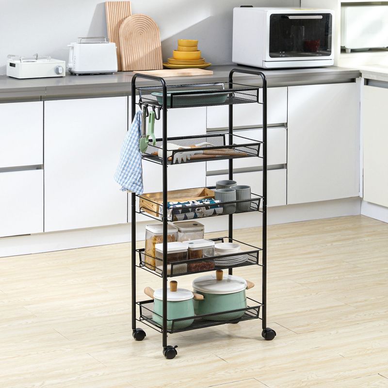 HOMCOM 5 Tier Utility Rolling Cart, Metal Storage Cart, Kitchen Cart with Removable Mesh Baskets, for Living Room, Laundry, Garage and Bathroom, Black, 3 of 7