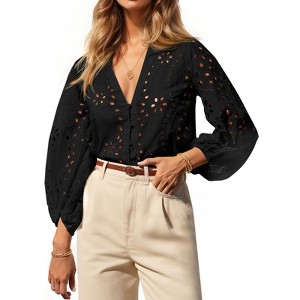 Imily Bela Women's deep V-neck hollow-out blouse, 3/4 puff sleeves, front button design, spring and autumn blouse - 1 of 4