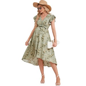 BLUEMING Maternity Dress for Women Summer V Neck Dress with Flutter Sleeve Tie Wasit High Low Hemline Dress Maternity Wedding Guest Dress - 1 of 4