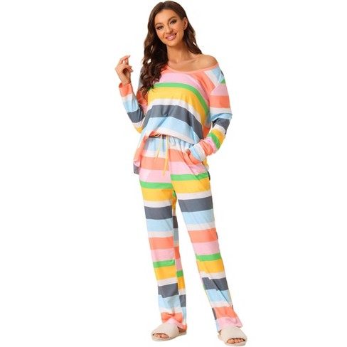 Cheibear Women's Cotton Rainbow-stripe Long Sleeves Lounge With Pants  Pajama Set : Target