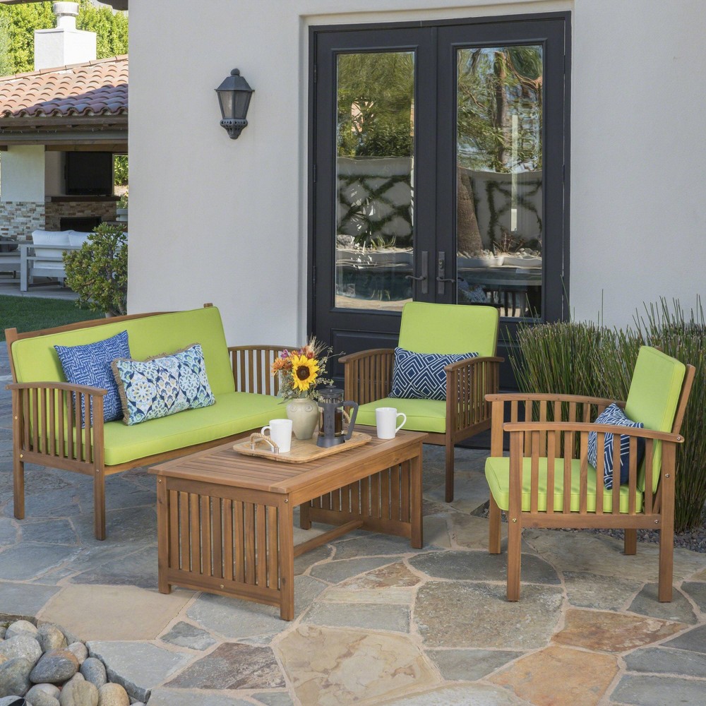 Carolina 4pc Acacia Wood Sofa Set Brown Patina/Light Green- Christopher Knight Home: Weather-Resistant with Cushions