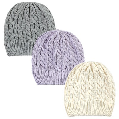 Hudson Baby Infant Girl Knit Cuffed Beanie 3pk, Lilac Cream, Youth