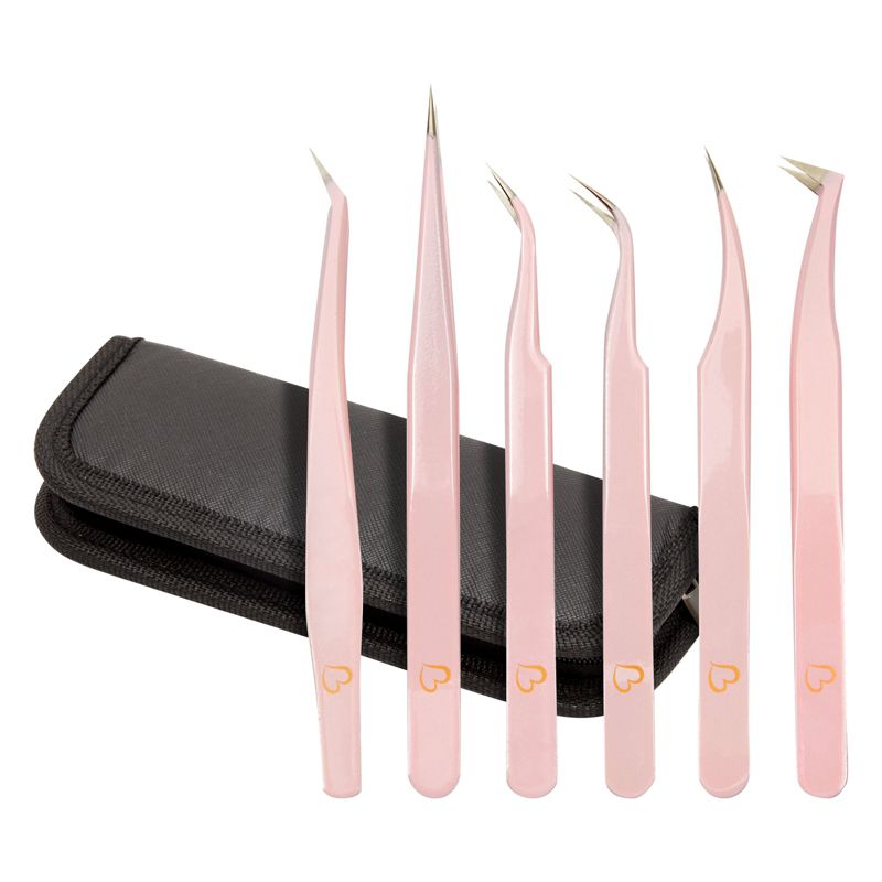 Okuna Outpost 6 Piece Metal Precision Tweezer Kit, False Eyelash Fake Lashes Extension Applicator with Storage Case, Pink, 1 of 8