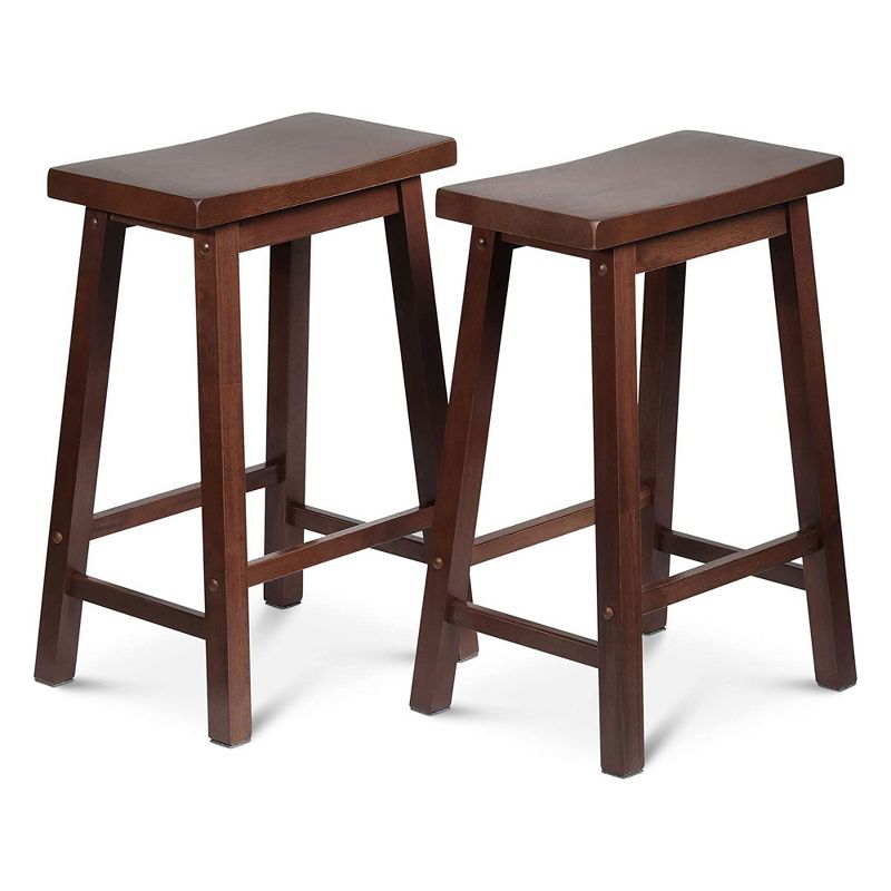 PJ Wood Classic Saddle-Seat 24" Tall Kitchen Counter Stools for Homes, Dining Spaces, and Bars w/ Backless Seats, 4 Square Legs, Walnut (Set of 10), 2 of 7
