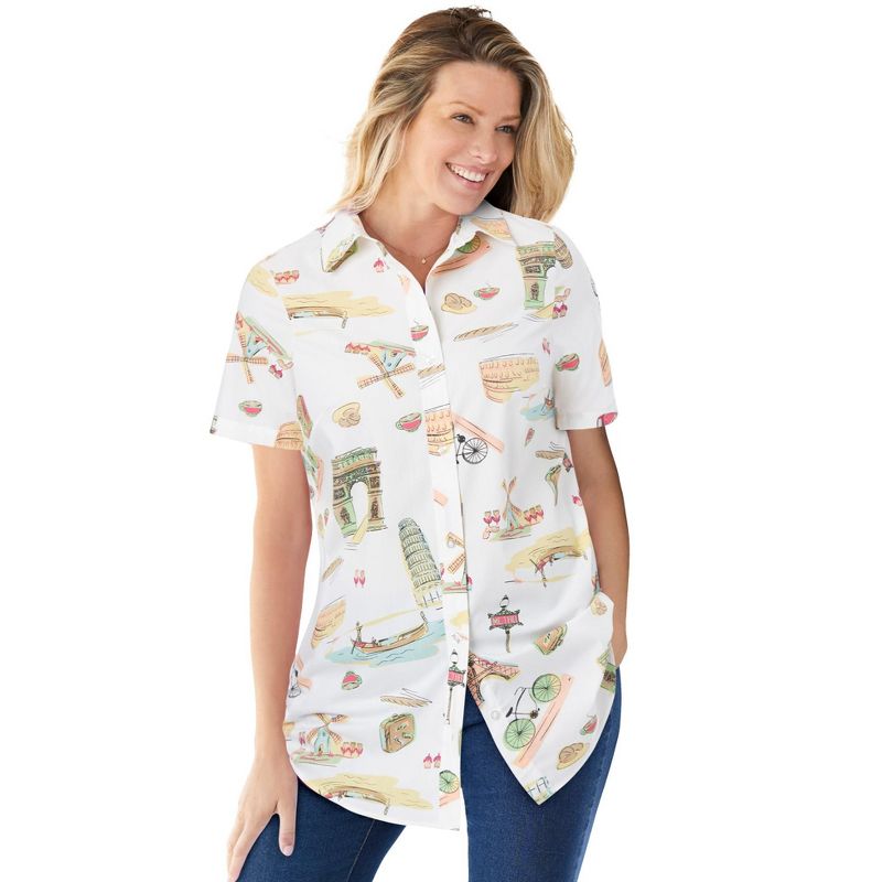 Woman Within Plus Size Perfect Short Sleeve Button-Down Shirt Oversized Tunic Blouse, 1 of 2