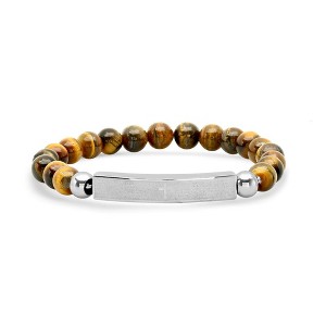 Men's stone and stainless steel Our Father english prayer id bracelet. Color Options: Brown, Gray, Blue - 1 of 4