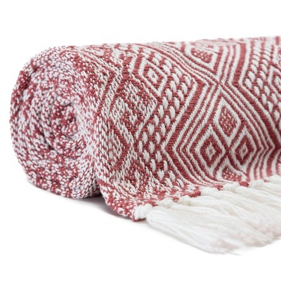 Rust Diamond Pattern Cotton Throw Blanket with Tassels