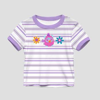 Girls' Hasbro Furby Striped Ringer Short Sleeve Graphic T-Shirt - White/Purple