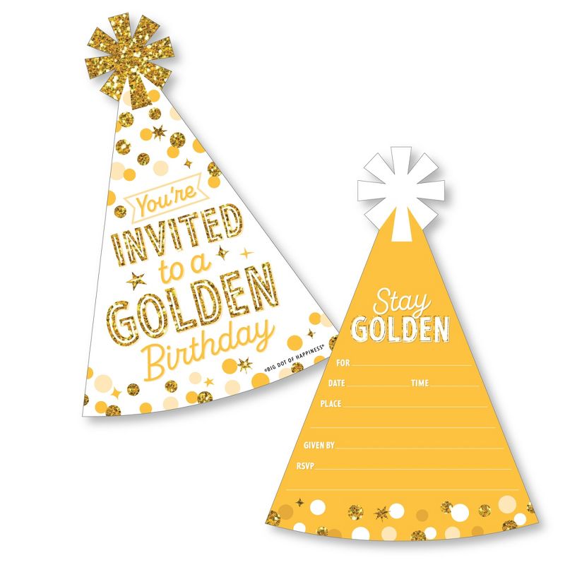Big Dot of Happiness Golden Birthday - Shaped Fill-In Invitations - Happy Birthday Party Invitation Cards with Envelopes - Set of 12, 1 of 8