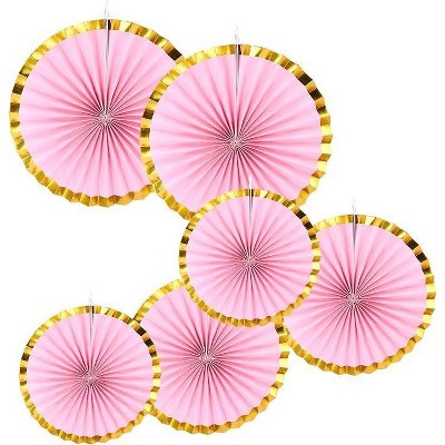 Pink and Gold Border Hanging Paper Fans Set of 6