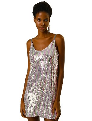 Allegra K Women's Glitter Sequin Spaghetti Strap V Neck Party Cocktail Sparkly Mini Dress