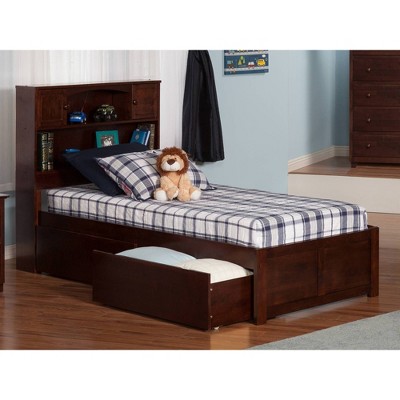 Newport Walnut Twin Platform Bed with Bookcase Headboard and Storage Drawers