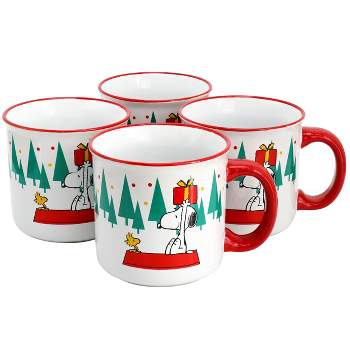 Peanuts Snoopy and Woodstock 4 Piece 21oz Stoneware Christmas Tree Mug Set in Red and Multi