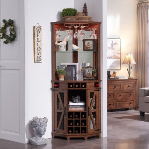 OKD 72" Corner Bar Storage Cabinet, Tall Wine Bar Cabinet w/Barn Door & Adjustable Shelf, Home Bar Cabinet w/LED Light & Glass Rack - 1 of 4