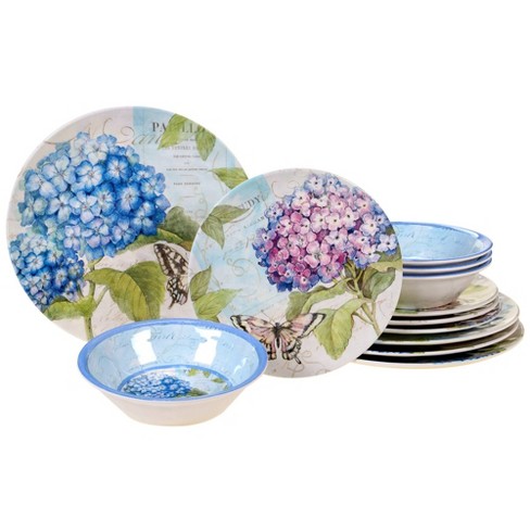 Service for 4 Blue Rose Garden Basics 12-Piece Melamine Dinnerware Set