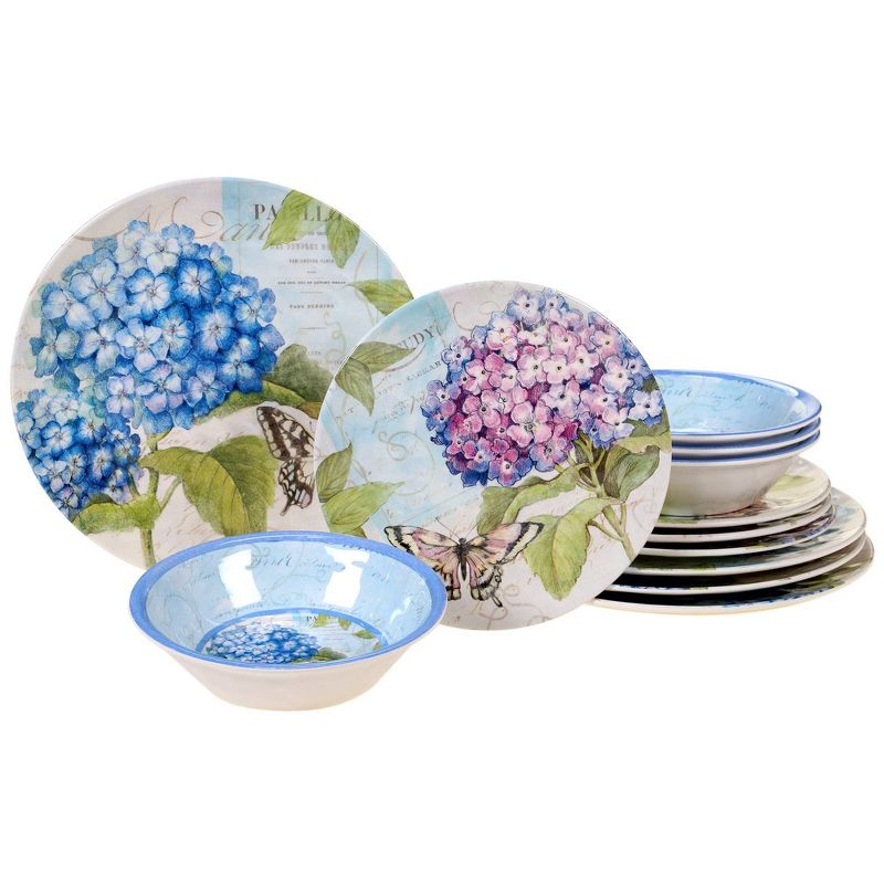 12pc Melamine Hydrangea Garden Dinnerware Set Blue/Purple - Certified International, 1 of 3