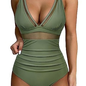 Women One Piece Swimsuits Mesh Tummy Control Swimsuit Push Up High Waisted Swimdress Bathing Suit - 1 of 4