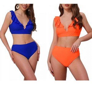 INSPIRE CHIC Women's Ruffle Trim V Neck Wide Strap Drawstring Tie Back Top Triangle Bottom Bikini Sets 2 Sets - 1 of 4