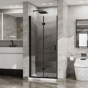 34"x 72" Bifold Frameless Glass Shower Door Combo w/ White Acrylic Shower Base, 1/4 inch Tempered Clear Glass in Black Aluminum Finish - 1 of 4