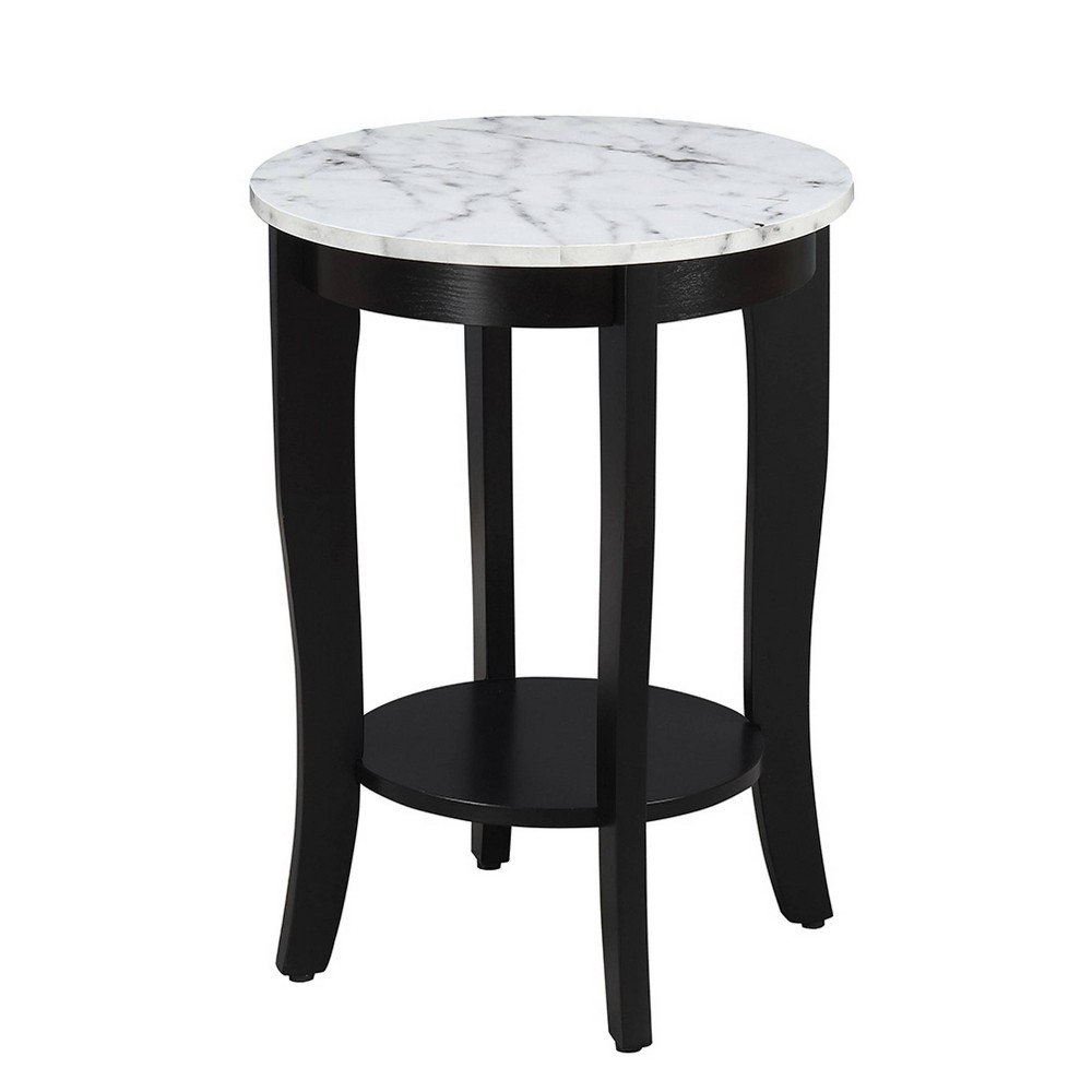 American Heritage Round End Table White Faux Marble/Black - Breighton Home: Solid Wood, Transitional Design, Storage Shelf