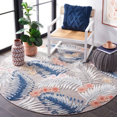 Gray and Navy Floral Round Synthetic Indoor/Outdoor Rug