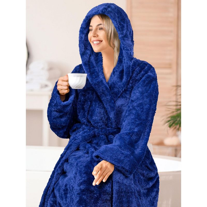 PAVILIA Women Hooded Plush Soft Robe, Fluffy Warm Fleece Faux Shearling Shaggy Bathrobe, 5 of 8