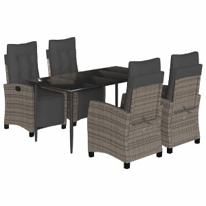 vidaXL 5-Piece Patio Dining Set - Gray Poly Rattan, Adjustable Chairs w/Cushions, Tempered Glass Table for Garden/Backyard/Outdoor - 1 of 4