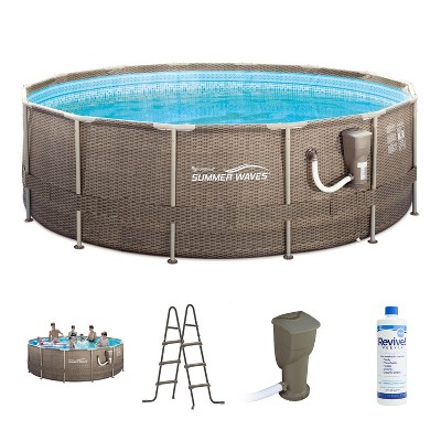 Summer Waves P20014482 14ft x 48in Round Frame Above Ground Swimming Pool Set with Skimmer Filter Pump, Cartridge, Treatment Cleaner & Ladder, Brown