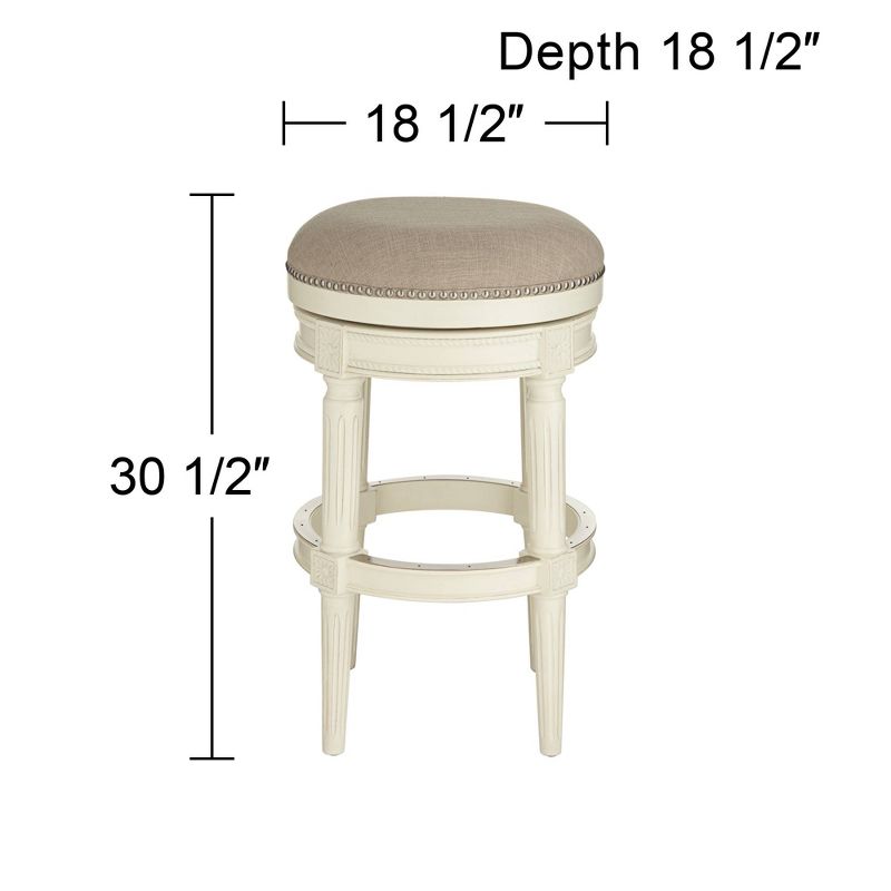 55 Downing Street Oliver Wood Swivel Bar Stool Distressed White 30 1/2" High Traditional Cream Round Cushion with Footrest for Kitchen Counter Height, 4 of 9