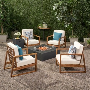 GDFStudio Lafayette Outdoor Acacia Wood 5 Piece Club Chair and Fire Pit Set with Cushions - 1 of 4