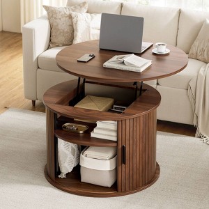 WOWLIVE Lift Top Coffee Table with Sliding Tambour Door, Round Fluted Coffee Table with Hidden Storage, Center Table for Living Room - 1 of 4