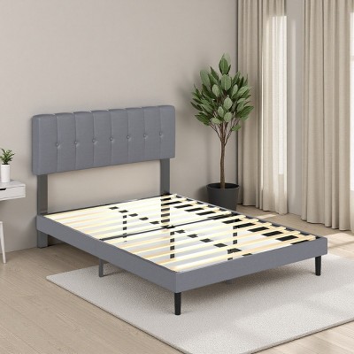 FURNIinspire Beds Modern Full Size Bed Frame Iron Platform Bed with Soft Headboard, Wooden Bed Board Bedroom Furniture, Grey, 75.86"*53.93"*45.23"