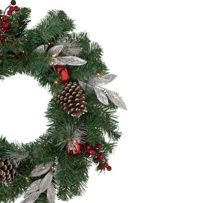 24" Pre-Lit Frosted Pine Cone and Berry Christmas Wreath