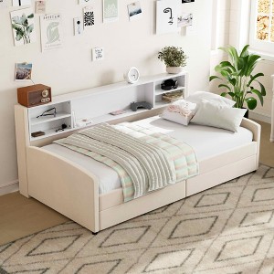 MAYEERTY Twin Size Upholstered Platform Bed, Storage Drawers, Bedroom, Beige - 1 of 4
