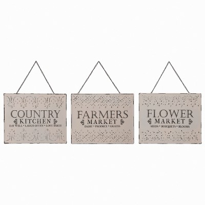 Transpac Set of 3 Tin Embossed Market Wall Signs Metal Spring White Indoor Decor