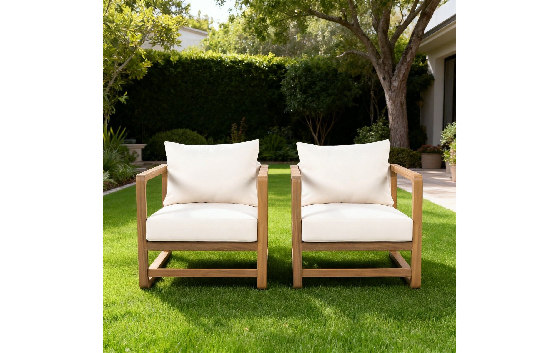 Set of 2 Solid Acacia Wood Outdoor Club Chair with Beige Cushions, Wide Seat Patio Armchair for Porch or Balcony-Baofuwish