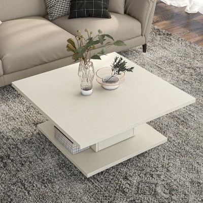 Cream Weave Square Wood Coffee Table with Hidden Storage