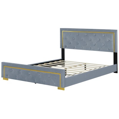 HomeRoots Gray Tufted Velvet Upholstered Queen Bed Frame