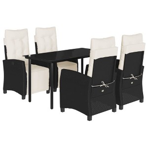 vidaXL 5 Piece Patio Dining Set with Cushions - Black Poly Rattan, Adjustable Seating, Tempered Glass Tabletop, Ideal for Garden, Backyard, or Patio - 1 of 4