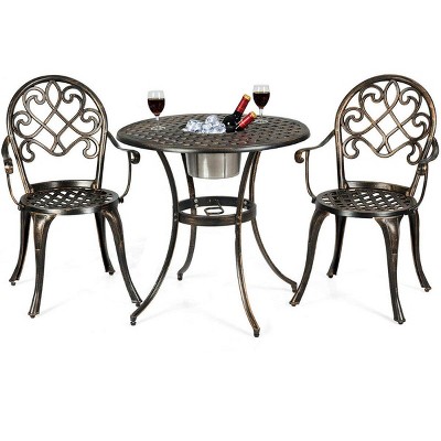 3pcs Bistro Table Set W/Removable Ice Bucket,Cast Aluminum Outdoor Patio Furniture Set Round Table, 2 Chairs Antique Garden Furniture