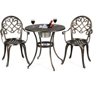 3pcs Bistro Table Set W/Removable Ice Bucket,Cast Aluminum Outdoor Patio Furniture Set Round Table, 2 Chairs Antique Garden Furniture - 1 of 4