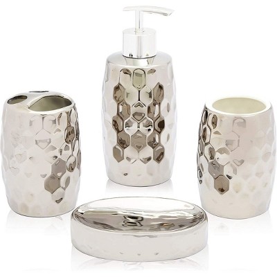 Juvale 4 Piece Metallic Silver Ceramic Bathroom Accessories Set with Soap Dispenser, Toothbrush Holder, Cup & Dish