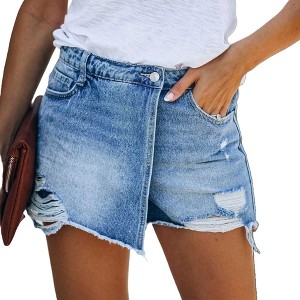 Women's Denim Shorts - Mid-Rise Button Closure with 5 Pockets & Raw Hem Cherie Code - 1 of 4